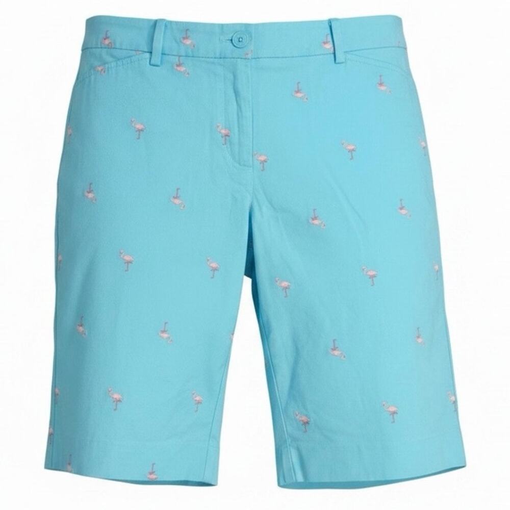 Talbots Flamingo Embroidered Bermuda Shorts Size 4 Aqua Blue Coastal Preppy